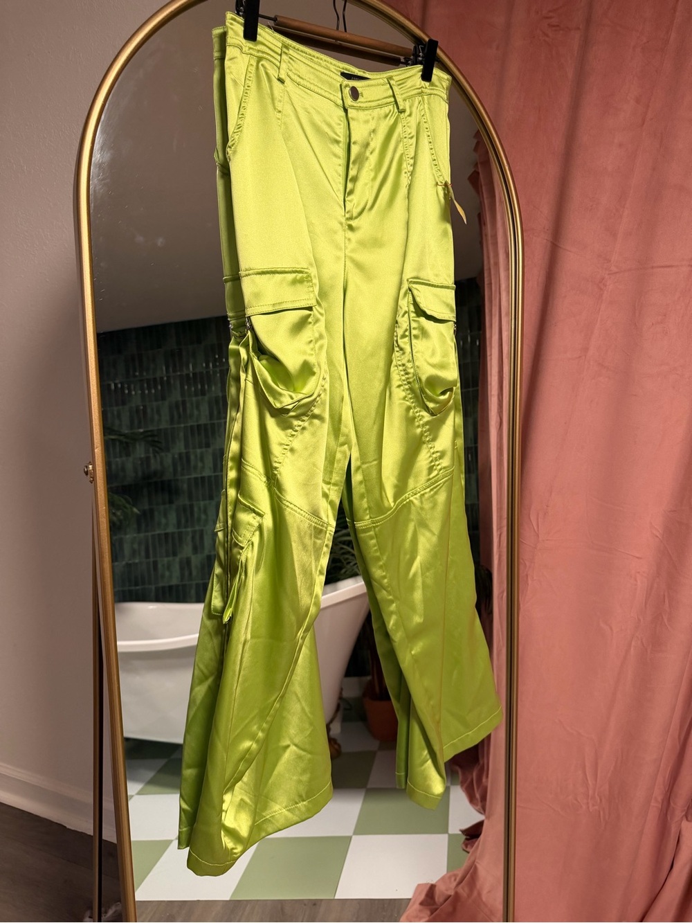 Forever 21 Satin Lime Green High-Waist Pants